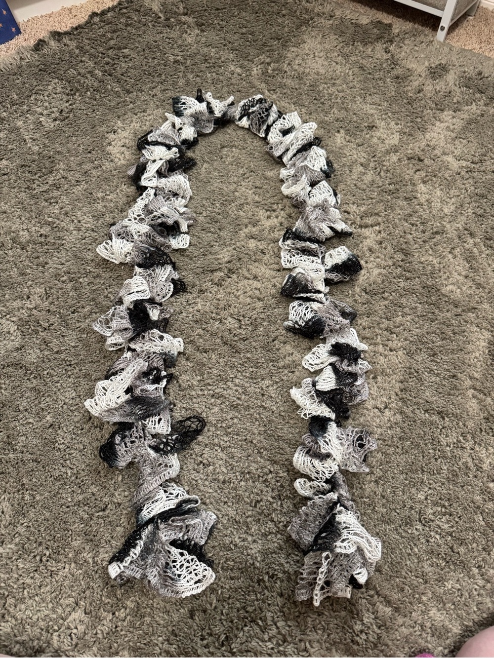 Handmade Ruffle Sash Scarf Black White Gray Crochet Knit Mesh Lace Frilly Scarf